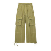 Multi Pocket High Waist Wide Leg Pants Drawstring Decoration Workwear Casual Pants